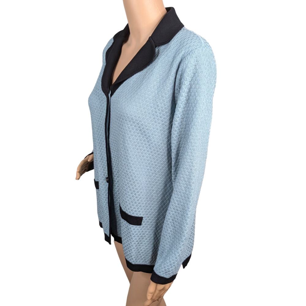 Misook Pastel Light Blue Black Trim Knit Cardigan Jacket Small S Vintage Blazer - Picture 5 of 8